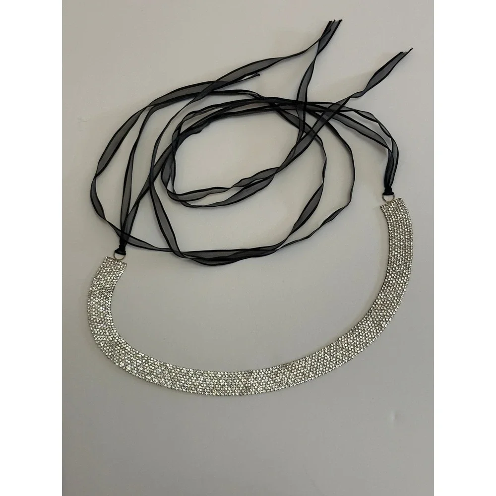 Silver Rhinestone Belt with Black Ribbon Ties Wedding Gala Formal Glam Accessory